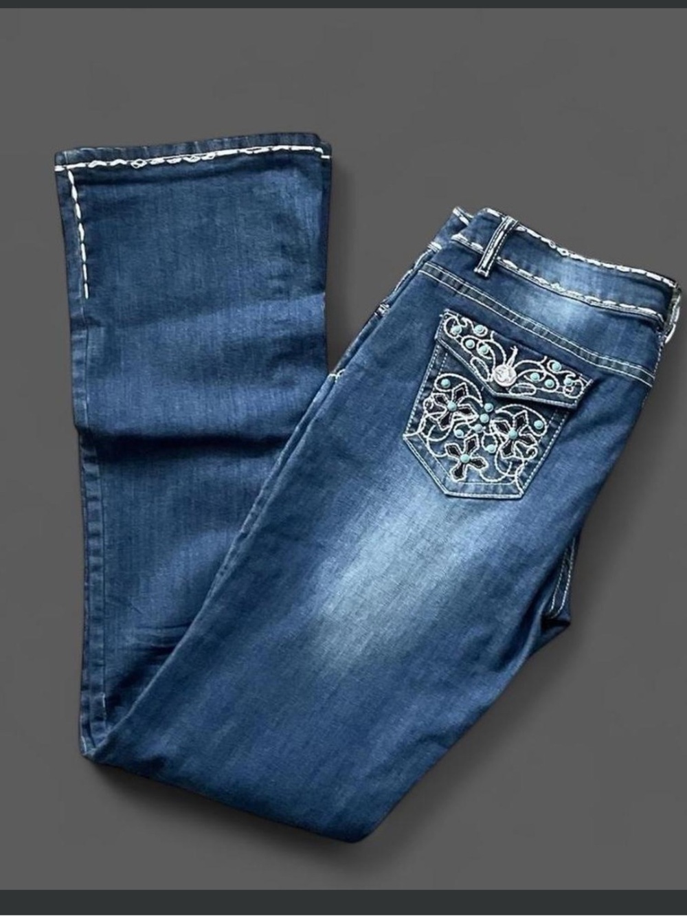 Mid-Rise Bootcut Denim Blue Jeans Sz 11 Rodeo Riding Cowgirl Ranch Distressed